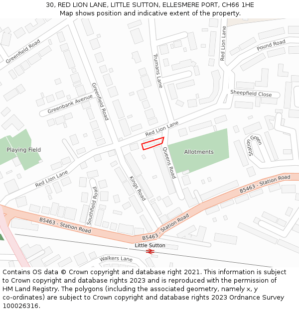 30, RED LION LANE, LITTLE SUTTON, ELLESMERE PORT, CH66 1HE: Location map and indicative extent of plot