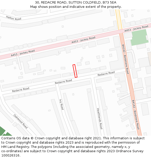 30, REDACRE ROAD, SUTTON COLDFIELD, B73 5EA: Location map and indicative extent of plot