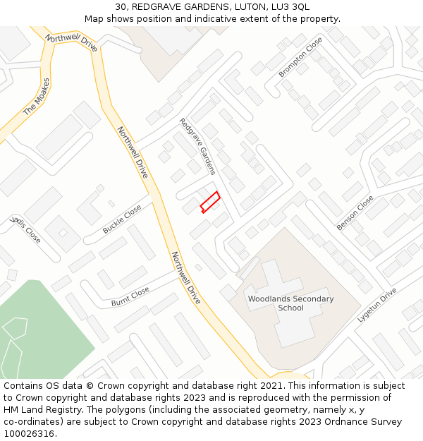 30, REDGRAVE GARDENS, LUTON, LU3 3QL: Location map and indicative extent of plot