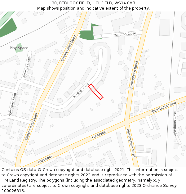 30, REDLOCK FIELD, LICHFIELD, WS14 0AB: Location map and indicative extent of plot