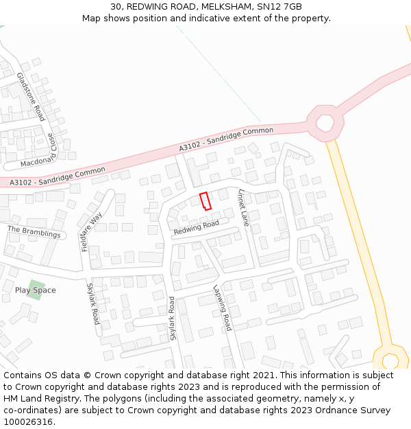 30, REDWING ROAD, MELKSHAM, SN12 7GB: Location map and indicative extent of plot