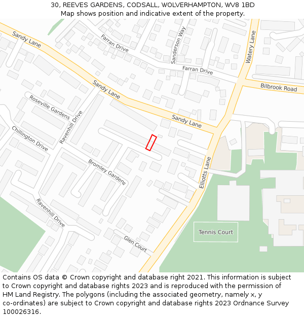 30, REEVES GARDENS, CODSALL, WOLVERHAMPTON, WV8 1BD: Location map and indicative extent of plot