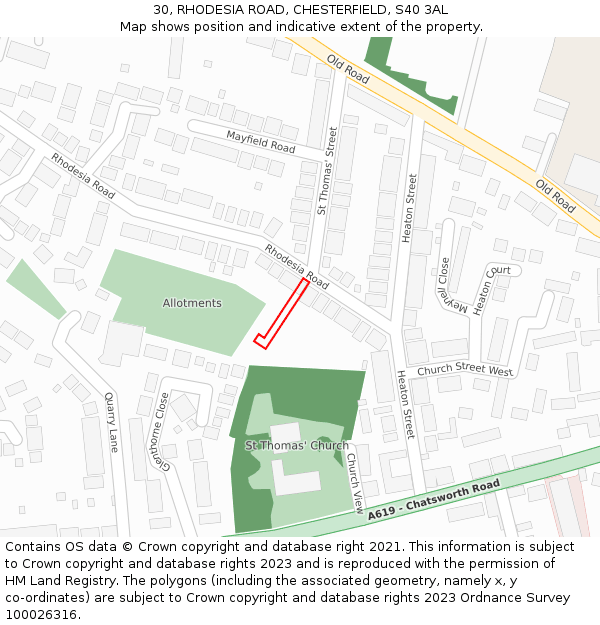 30, RHODESIA ROAD, CHESTERFIELD, S40 3AL: Location map and indicative extent of plot