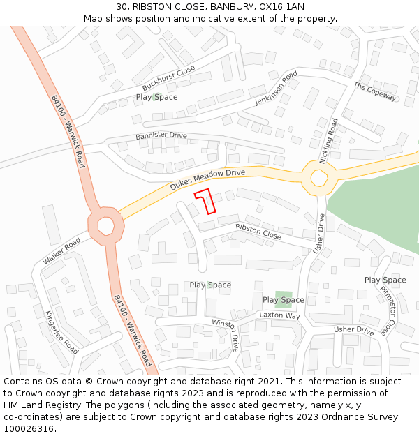 30, RIBSTON CLOSE, BANBURY, OX16 1AN: Location map and indicative extent of plot