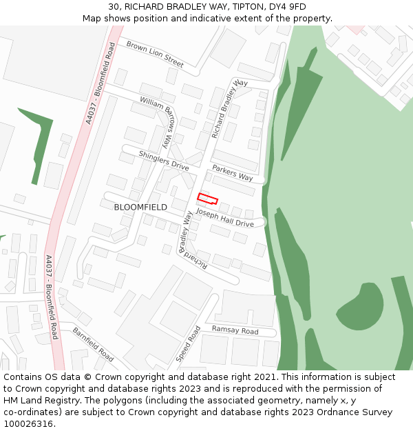 30, RICHARD BRADLEY WAY, TIPTON, DY4 9FD: Location map and indicative extent of plot