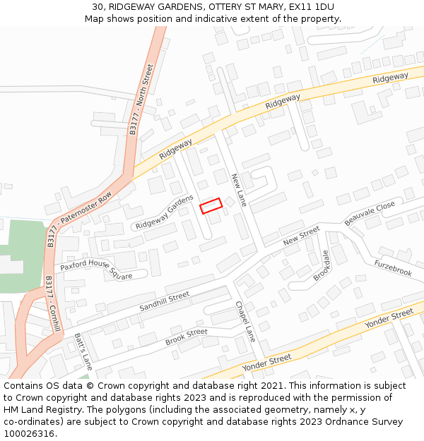 30, RIDGEWAY GARDENS, OTTERY ST MARY, EX11 1DU: Location map and indicative extent of plot