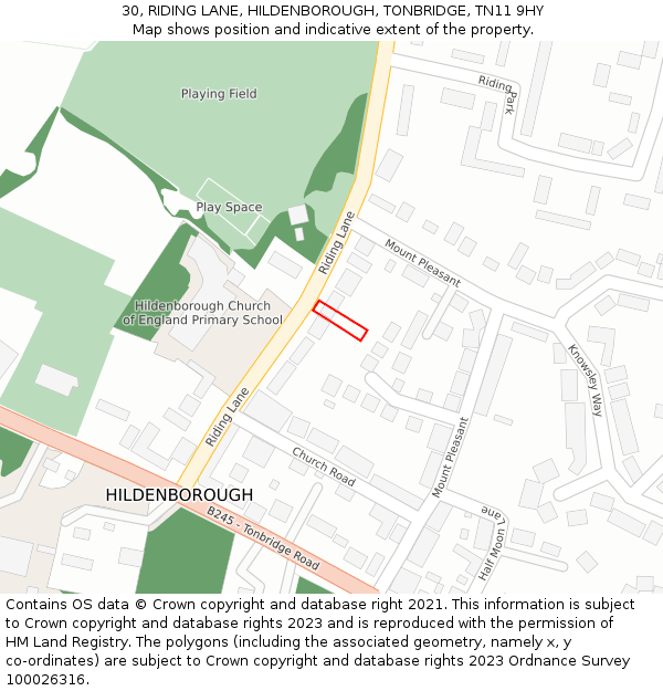 30, RIDING LANE, HILDENBOROUGH, TONBRIDGE, TN11 9HY: Location map and indicative extent of plot