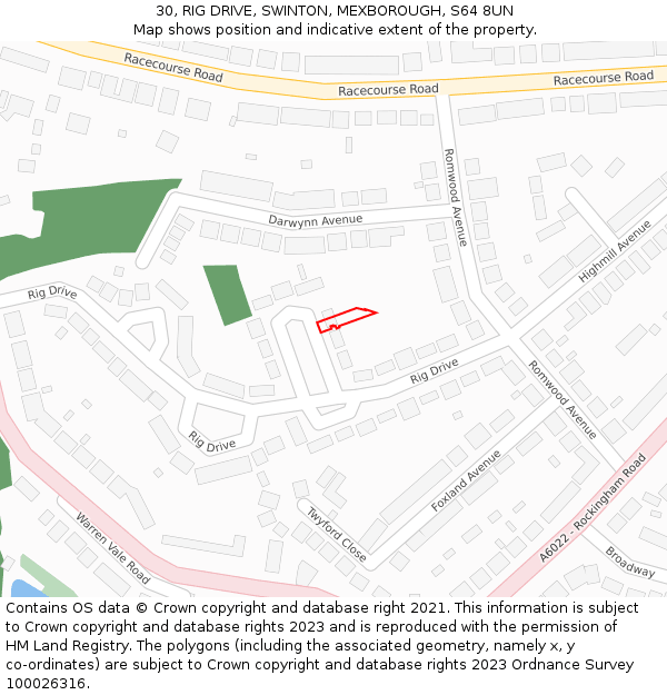 30, RIG DRIVE, SWINTON, MEXBOROUGH, S64 8UN: Location map and indicative extent of plot