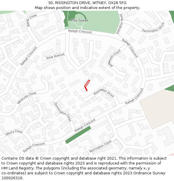 30, RISSINGTON DRIVE, WITNEY, OX28 5FG: Location map and indicative extent of plot