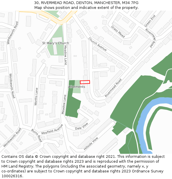 30, RIVERMEAD ROAD, DENTON, MANCHESTER, M34 7PG: Location map and indicative extent of plot