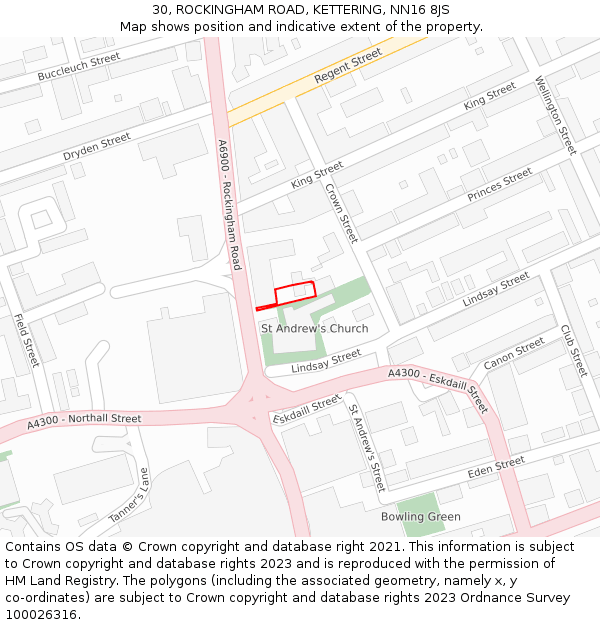 30, ROCKINGHAM ROAD, KETTERING, NN16 8JS: Location map and indicative extent of plot