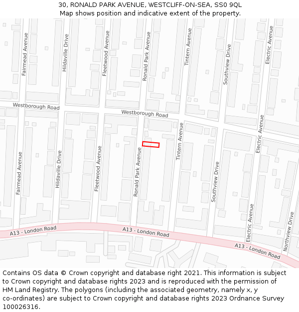 30, RONALD PARK AVENUE, WESTCLIFF-ON-SEA, SS0 9QL: Location map and indicative extent of plot