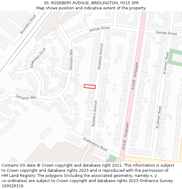 30, ROSEBERY AVENUE, BRIDLINGTON, YO15 3PR: Location map and indicative extent of plot