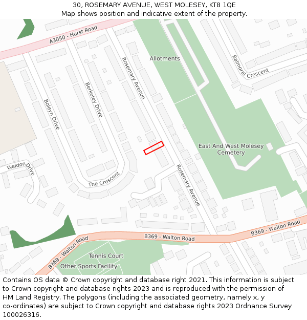 30, ROSEMARY AVENUE, WEST MOLESEY, KT8 1QE: Location map and indicative extent of plot