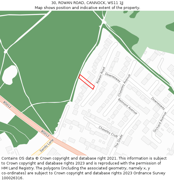 30, ROWAN ROAD, CANNOCK, WS11 1JJ: Location map and indicative extent of plot