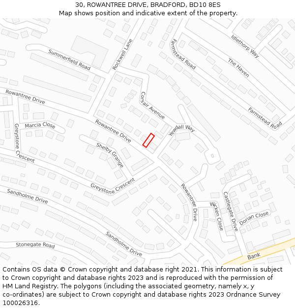 30, ROWANTREE DRIVE, BRADFORD, BD10 8ES: Location map and indicative extent of plot