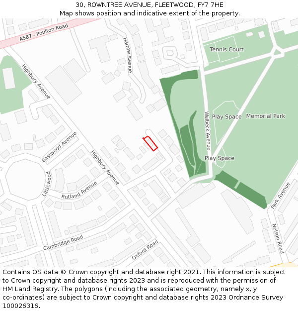 30, ROWNTREE AVENUE, FLEETWOOD, FY7 7HE: Location map and indicative extent of plot