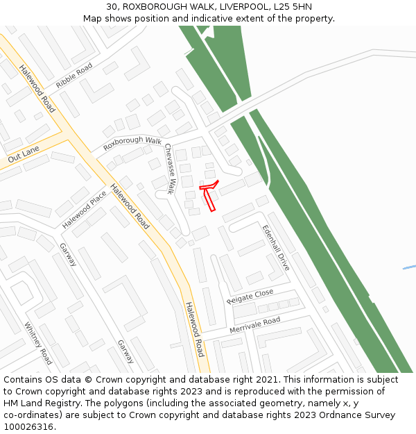 30, ROXBOROUGH WALK, LIVERPOOL, L25 5HN: Location map and indicative extent of plot