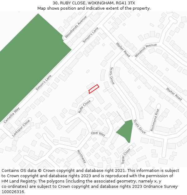 30, RUBY CLOSE, WOKINGHAM, RG41 3TX: Location map and indicative extent of plot