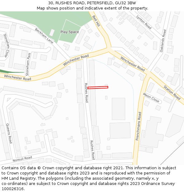 30, RUSHES ROAD, PETERSFIELD, GU32 3BW: Location map and indicative extent of plot