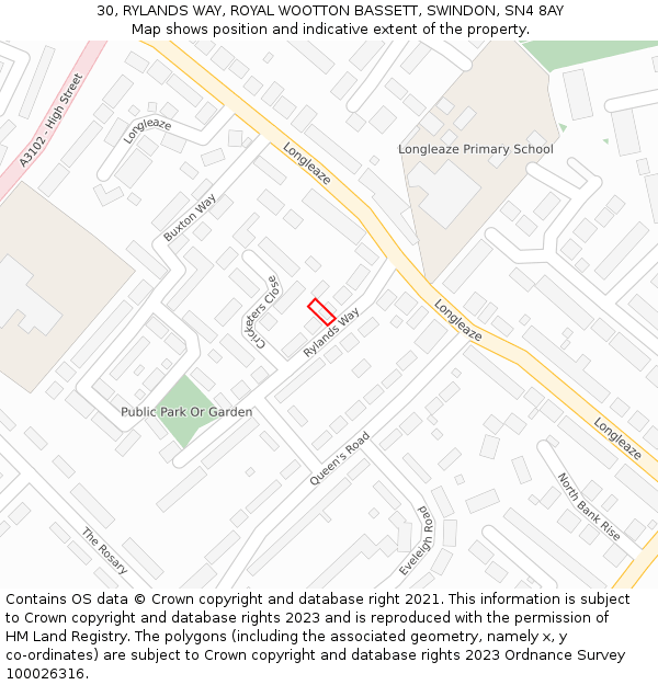 30, RYLANDS WAY, ROYAL WOOTTON BASSETT, SWINDON, SN4 8AY: Location map and indicative extent of plot