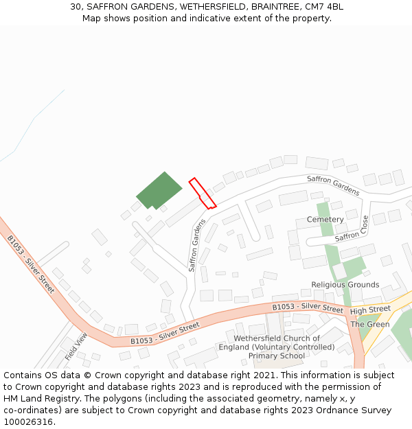 30, SAFFRON GARDENS, WETHERSFIELD, BRAINTREE, CM7 4BL: Location map and indicative extent of plot