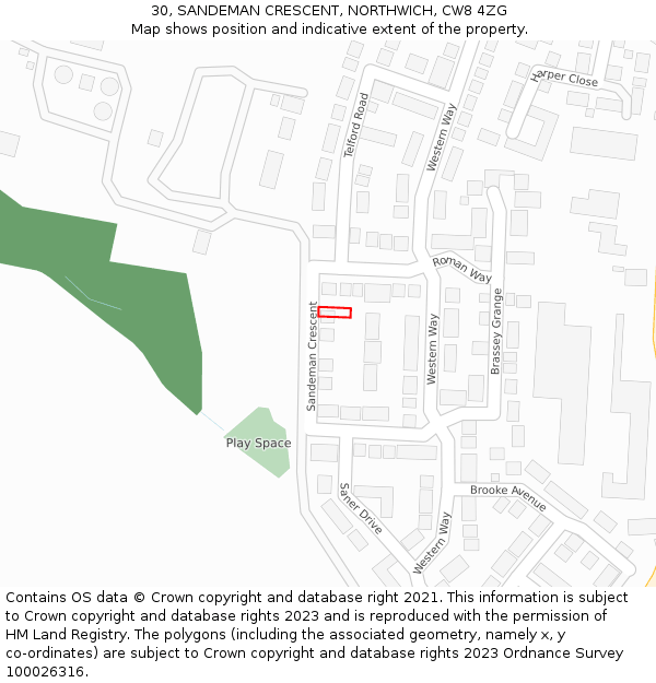 30, SANDEMAN CRESCENT, NORTHWICH, CW8 4ZG: Location map and indicative extent of plot
