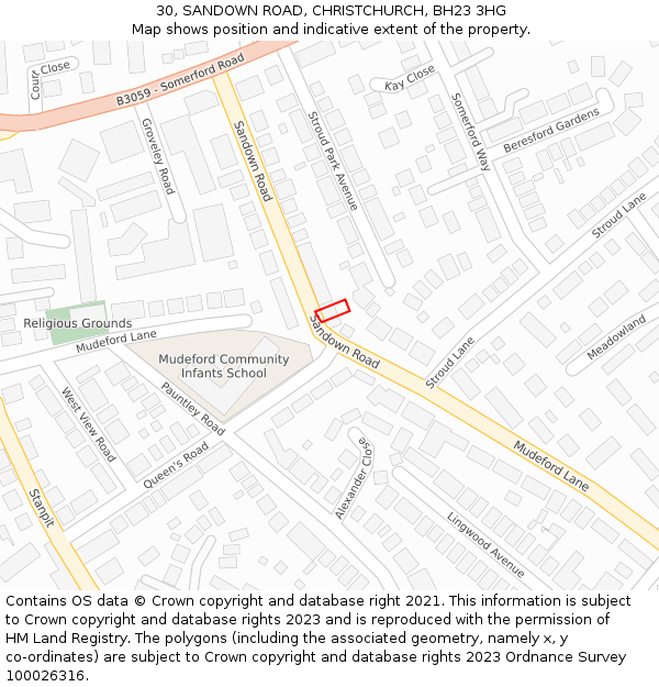 30, SANDOWN ROAD, CHRISTCHURCH, BH23 3HG: Location map and indicative extent of plot