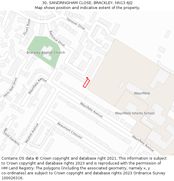 30, SANDRINGHAM CLOSE, BRACKLEY, NN13 6JQ: Location map and indicative extent of plot