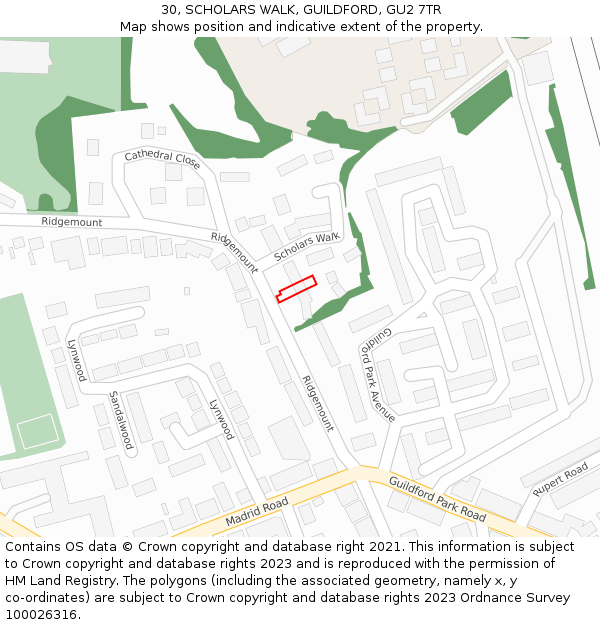 30, SCHOLARS WALK, GUILDFORD, GU2 7TR: Location map and indicative extent of plot