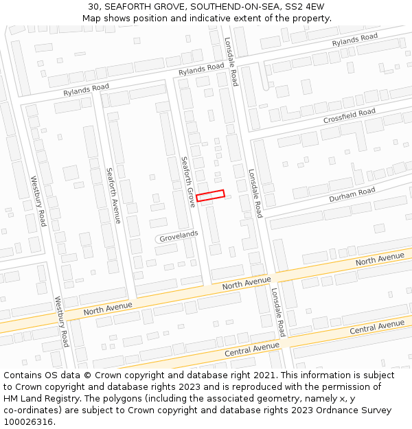 30, SEAFORTH GROVE, SOUTHEND-ON-SEA, SS2 4EW: Location map and indicative extent of plot