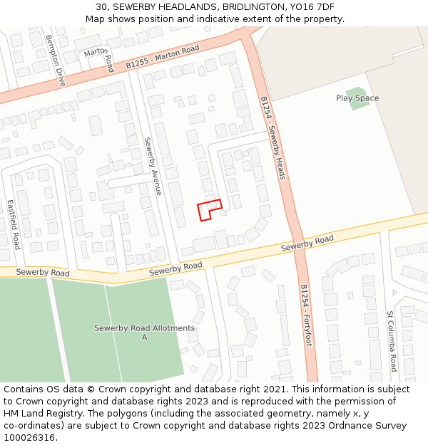 30, SEWERBY HEADLANDS, BRIDLINGTON, YO16 7DF: Location map and indicative extent of plot