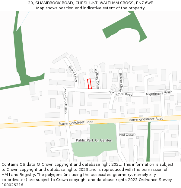 30, SHAMBROOK ROAD, CHESHUNT, WALTHAM CROSS, EN7 6WB: Location map and indicative extent of plot