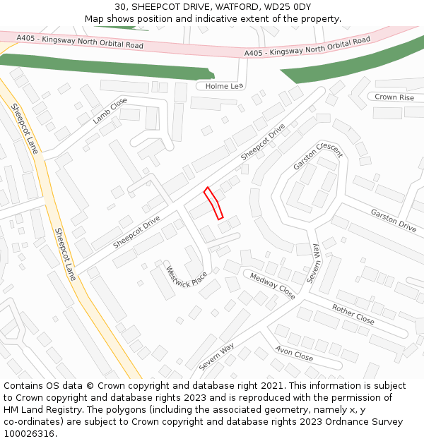 30, SHEEPCOT DRIVE, WATFORD, WD25 0DY: Location map and indicative extent of plot