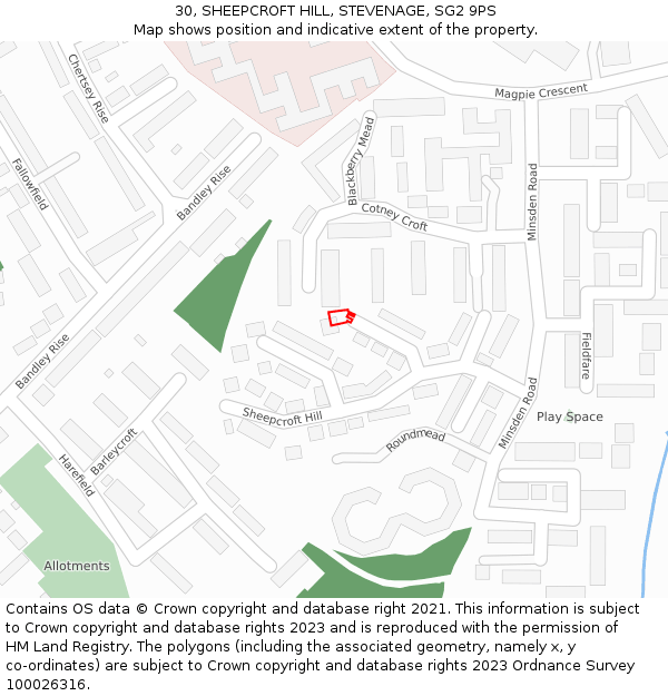 30, SHEEPCROFT HILL, STEVENAGE, SG2 9PS: Location map and indicative extent of plot