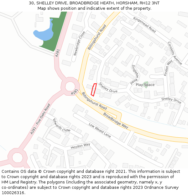 30, SHELLEY DRIVE, BROADBRIDGE HEATH, HORSHAM, RH12 3NT: Location map and indicative extent of plot