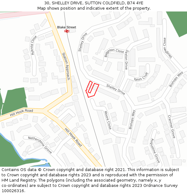 30, SHELLEY DRIVE, SUTTON COLDFIELD, B74 4YE: Location map and indicative extent of plot