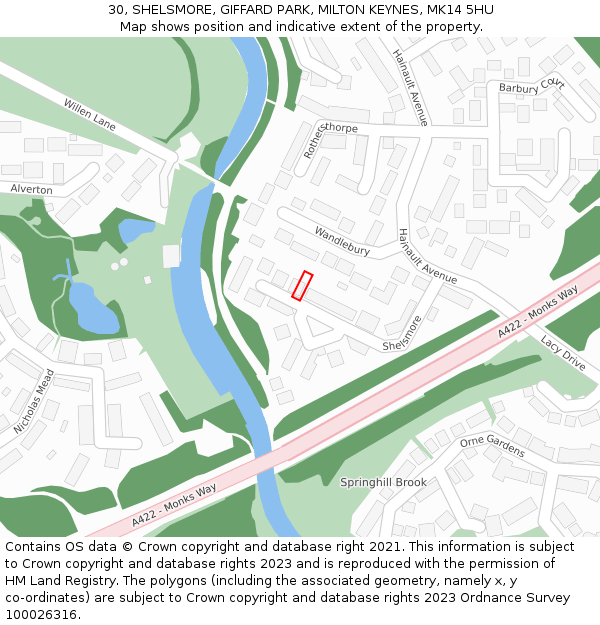 30, SHELSMORE, GIFFARD PARK, MILTON KEYNES, MK14 5HU: Location map and indicative extent of plot