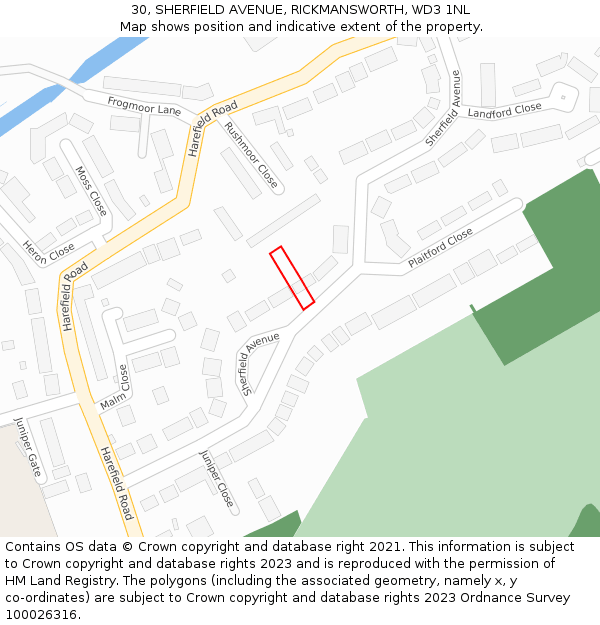 30, SHERFIELD AVENUE, RICKMANSWORTH, WD3 1NL: Location map and indicative extent of plot