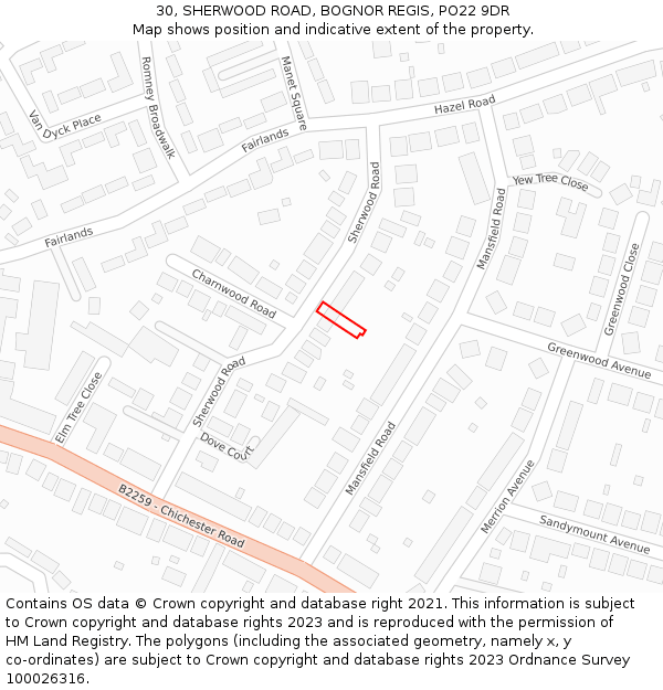 30, SHERWOOD ROAD, BOGNOR REGIS, PO22 9DR: Location map and indicative extent of plot