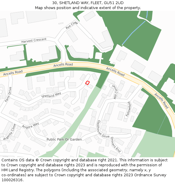 30, SHETLAND WAY, FLEET, GU51 2UD: Location map and indicative extent of plot