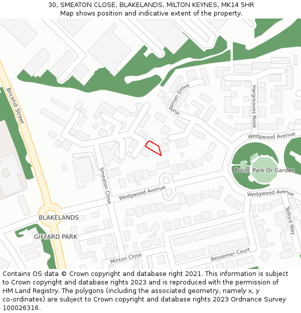 30, SMEATON CLOSE, BLAKELANDS, MILTON KEYNES, MK14 5HR: Location map and indicative extent of plot