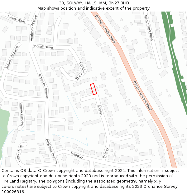 30, SOLWAY, HAILSHAM, BN27 3HB: Location map and indicative extent of plot