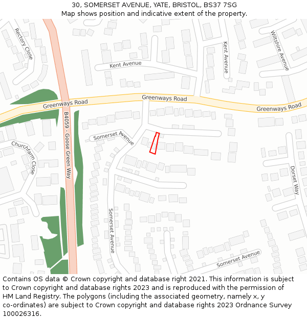 30, SOMERSET AVENUE, YATE, BRISTOL, BS37 7SG: Location map and indicative extent of plot