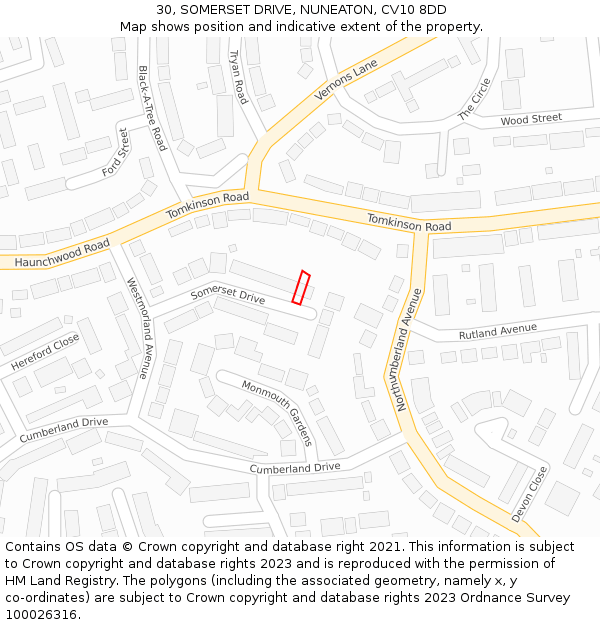 30, SOMERSET DRIVE, NUNEATON, CV10 8DD: Location map and indicative extent of plot