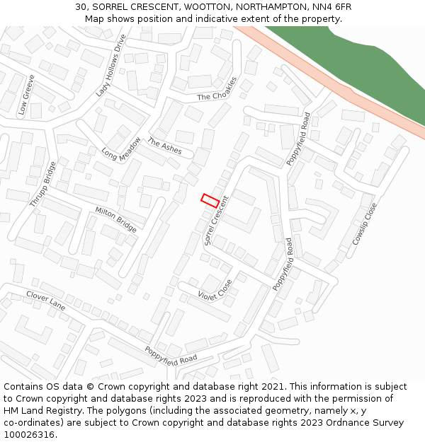 30, SORREL CRESCENT, WOOTTON, NORTHAMPTON, NN4 6FR: Location map and indicative extent of plot