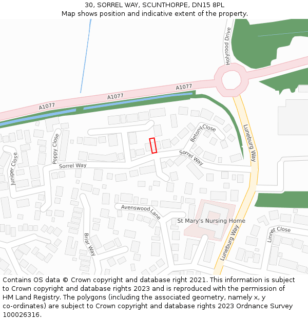 30, SORREL WAY, SCUNTHORPE, DN15 8PL: Location map and indicative extent of plot