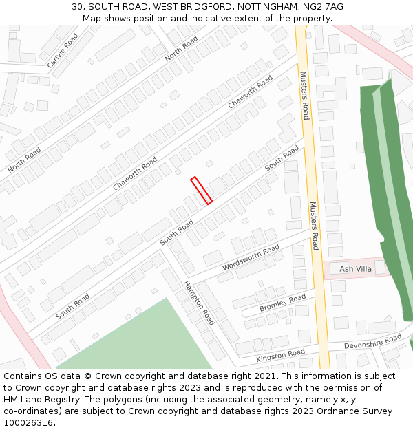 30, SOUTH ROAD, WEST BRIDGFORD, NOTTINGHAM, NG2 7AG: Location map and indicative extent of plot