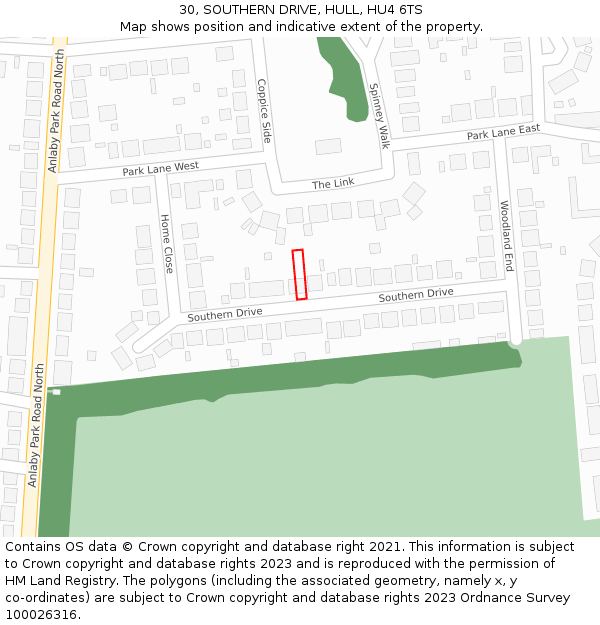 30, SOUTHERN DRIVE, HULL, HU4 6TS: Location map and indicative extent of plot