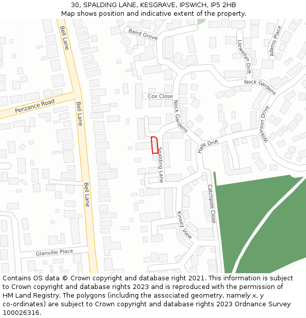 30, SPALDING LANE, KESGRAVE, IPSWICH, IP5 2HB: Location map and indicative extent of plot